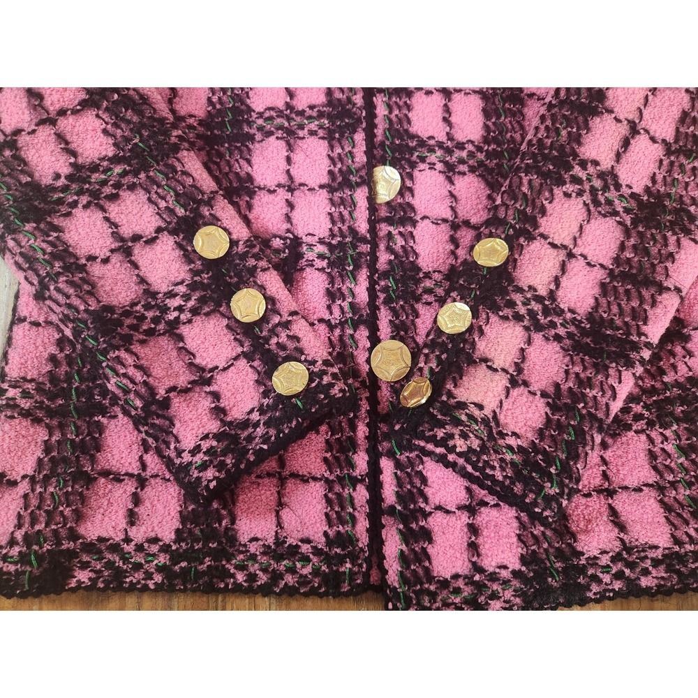 Adolpho Pink and Black Wool Plaid Jacket Gold Buttons Vtg Sweater Med Union Made - Picture 7 of 16